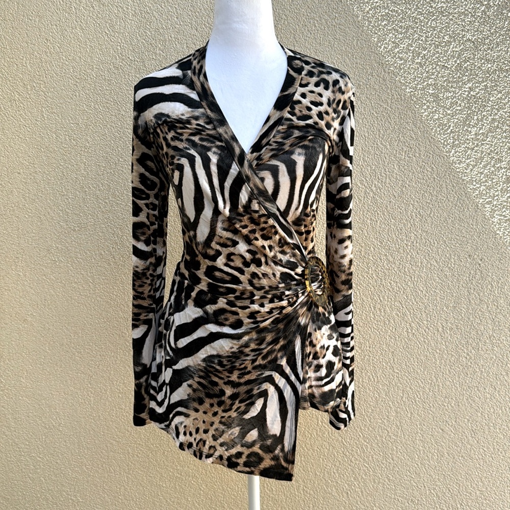 Cache Animal Print Wrap-Style Long Sleeve Top in Black Brown Cream